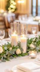 Elegant greenery and candle table centerpiece for celebrations and gatherings