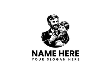 Father and Son Embrace in a Classic Detailed Vintage Logo.