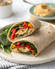 Two halves of a healthy wrap filled with spinach red bell pepper and hummus on a speckled plate with a side of hummus full hd 4k stock image download