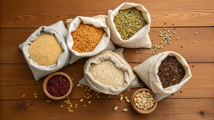 Assortment of organic grains and legumes in cloth bags and wooden bowls on a rustic wooden surface full hd 4k stock image download
