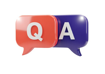 3d illustration of two speech bubbles, one red with a q and one blue with an a, representing questions and answers, isolated on transparent background on transparent background