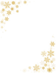 Christmas snowflakes corners background. Winter gold snow falling minimal letter, greeting card decoration. Vector illustration