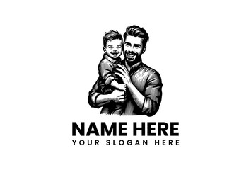 Father and Son Smiling Together in Detailed Black and White Illustration.