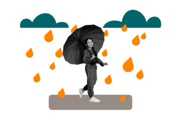 Composite trend artwork image collage of autumn season fall outdoors rainy weather drops clouds young lady step outdoors protect umbrella
