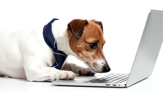 A Jack Russell terrier wearing a tie, lies near a laptop, looking at the screen