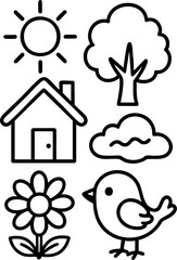 Kids coloring pictures. Vector outlined illustration for children's drawing of house and outdoors. Cartoon nature