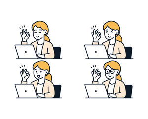 Simple Illustration of a Woman Making an OK Sign in Front of a Laptop