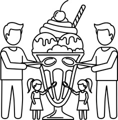 Family sharing a giant ice cream sundae together in a fun outline illustration