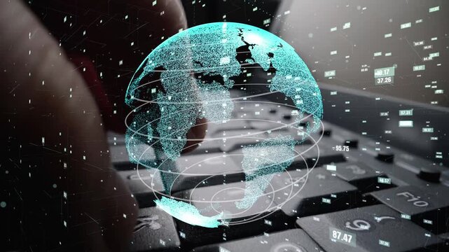 A creative representation of a digital globe overlaying a keyboard, emphasizing themes of global connectivity, technology, and data flow in a modern digital landscape. Xenic
