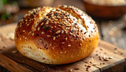 Seeded Bread Roll on Wooden Surface with Blurred Background