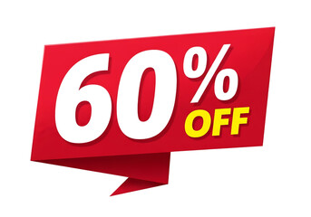3d illustration of red banner with white text 60 off and yellow text off, isolated on transparent background on transparent background