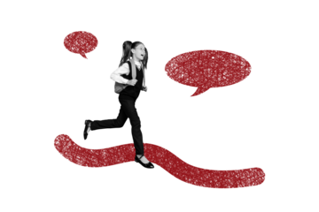 Creative collage picture young schoolgirl run backpack rucksack hurry textbox communication Septermber lesson miss drawing background