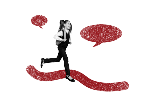 Creative collage picture young schoolgirl run backpack rucksack hurry textbox communication Septermber lesson miss drawing background