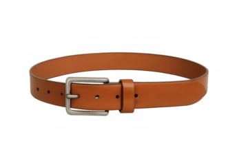 Brown leather men's belt with a silver metal buckle, fashion accessory on a transparent background