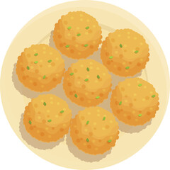 Six Golden Round Fried Snack Balls with Green Herb Sprinkles on a Light Yellow Plate Overhead View in Flat Design Style