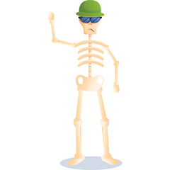 Skeleton Character Wearing Green Helmet and Blue Sunglasses Waving Hand Isolated on White Background
