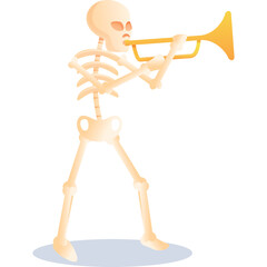 Skeleton playing a golden trumpet with a blue shadow on a transparent background symbolizing music and death