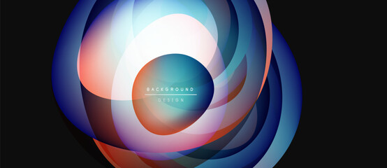 Abstract circular design. Layers overlap, creating vibrant blue, orange, white gradients. Modern background element for presentations.