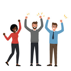 A joyful business team celebrating an office victory with cheerful teamwork, raising hands in the air, presented as a simple flat vector illustration on a clean white background.