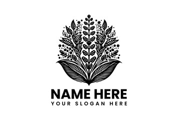 Intricate Black Floral Emblem with Detailed Leaves and Berries Design.