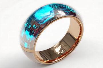 Futuristic smart ring displays glowing circuit board patterns and data streams, showcasing innovation and advanced technology for modern life and business applications.