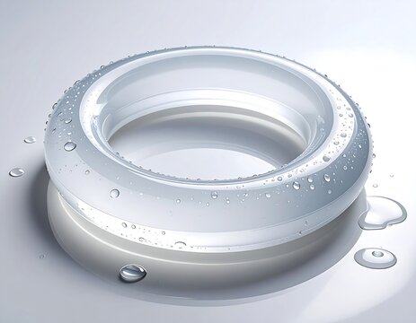 Translucent white torus ring glistening with droplets, casting a soft shadow on a gradient background - Powered by Adobe