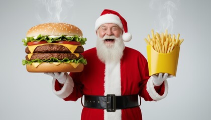 Jovial Santa Claus holds burger and fries, enjoying smoky, golden meal against gray backdrop, radiating joy and indulgence, festive winter spirit, Christmas, joyful indulgence, holiday feast