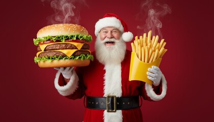 Jovial Santa Claus holds burger and fries, enjoying festive, indulgent moment against red background, conveying joy and warmth, winter holiday spirit, celebration, food, happiness., World Food Day