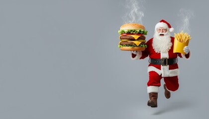 Santa Claus strides forward, holding two burgers and fries in gray and blue setting, conveying joyful indulgence, festive humor, winter holiday spirit, Christmas