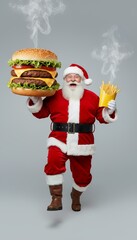 Caucasian adult dressed as Santa Claus holds two large burgers and fries, enjoying warm, joyful moment with golden-brown food and soft, diffused lighting atmosphere, Christmas, festive indulgence