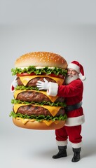 jovial Caucasian Santa Claus holds large burger, wearing festive red attire, conveying humor and whimsy in plain, light-background setting, Christmas, joyful food, silly surprise, festive cheer