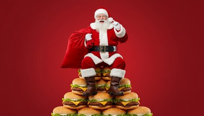 Santa Claus sits atop towering stack of hamburgers against red background, holding phone, conveying festive and indulgent mood, Christmas, joyful indulgence, fast food celebration, holiday treat