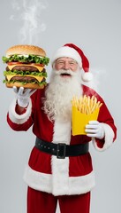 joyful Caucasian adult dressed as Santa Claus holds burger and fries, smiling in light gray setting, conveying humor and indulgence, festive season, holiday treats, comfort food, seasonal delight
