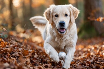 Golden Retriever Puppy Playing with Ball in Autumn Leaves