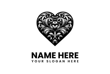Ornate Black Heart with Floral Swirls and Engraved Details for Logo Design.
