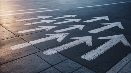 Directional arrows painted on asphalt road surface in urban setting  