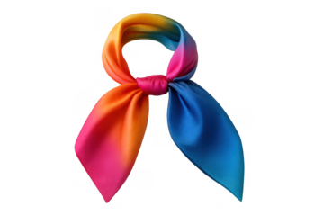 Colorful gradient silk scarf tied in a knot. Fashion accessory showcasing bright rainbow colors