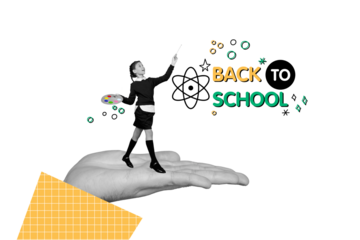 Trend artwork sketch image photo collage of teen school age young girl painter master draw color stand huge hand knowledge back to school