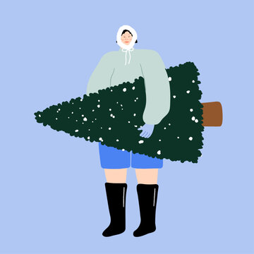 Person holding a Christmas Tree in Winter wear Vector Illustration