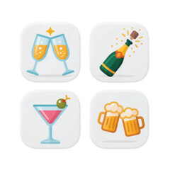 A collection of four flat design icons representing celebratory alcoholic drinks: champagne, beer, and a cocktail.