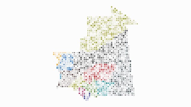 Mauritania animated country shape. Pulsating colored dots on the map of the country. Small size square blocks. Digital style Mauritania map on white background. Plain animation video.