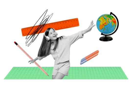 Creative poster collage of funny girl dance listen music school day shopping kids education concept freak bizarre unusual fantasy