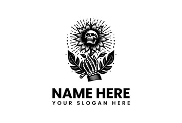 Skull Sunflower Held by Skeletal Hand with Leaves and Radiating Lines.