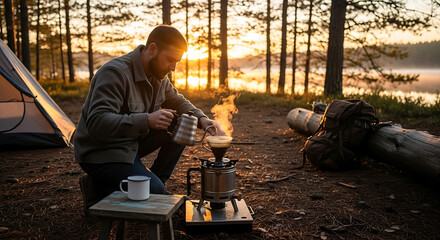 Fototapeta premium A camper enjoys a peaceful morning by brewing coffee amidst a scenic forest, tent, and serene lake backdrop.