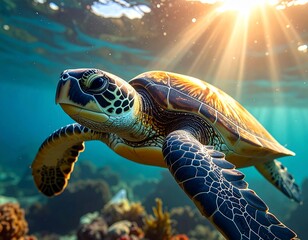Fototapeta premium Sea turtle swimming gracefully toward ocean sunlight