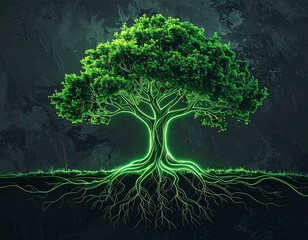 Glowing tree of life with luminous roots and green energy