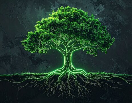 Glowing tree of life with luminous roots and green energy - Powered by Adobe