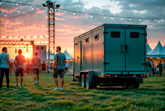 Mobile battery generator trailer providing power at an outdoor festival at sunset.