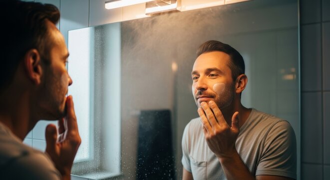 Young bearded man touching face while looking at bathroom mirror reflection. Modern skincare routine in contemporary bathroom with warm ambient lighting and clean aesthetic.