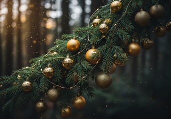 Close-up of gold baubles and fairy lights hanging on a green fir branch outdoors, with soft bokeh background and warm dusk tones.